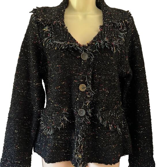 Sioni Size L Black Multicolor Knit Cardigan Jacket Button Front Fringed - Picture 1 of 10